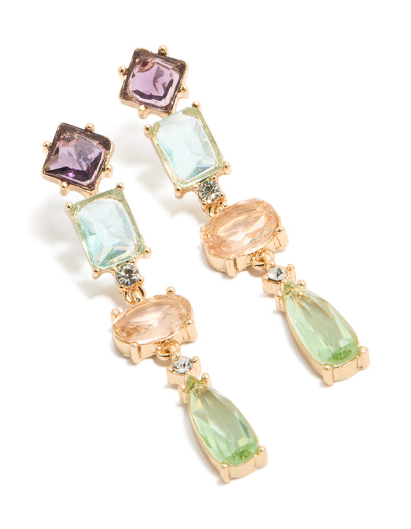 Showcasing gold irregular shaped purple and blue diamantes drop earrings in statement style front view