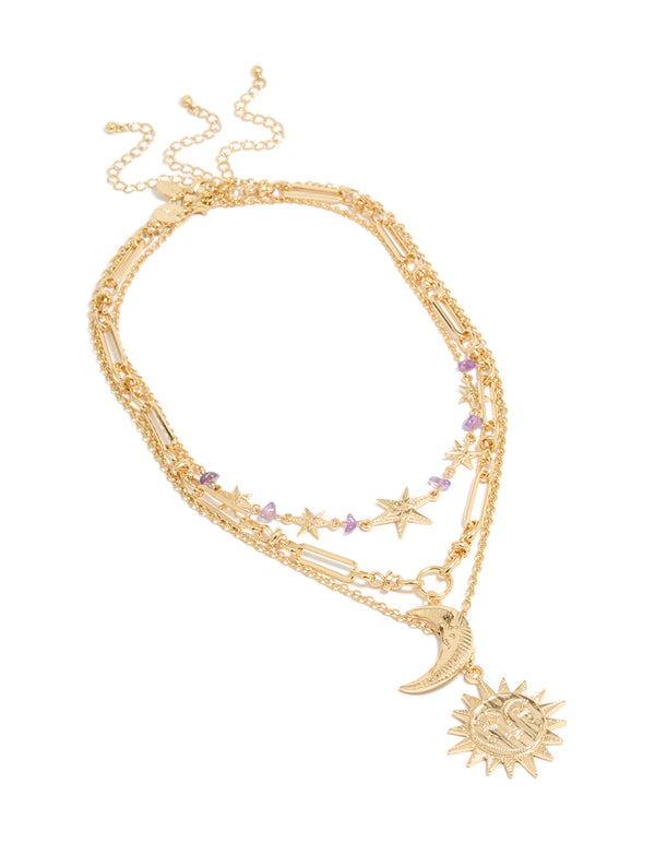 Elegantly crafted chunky gold purple stone and celestial pendant layered necklace with beads, charm featuring sun, moon and star front view