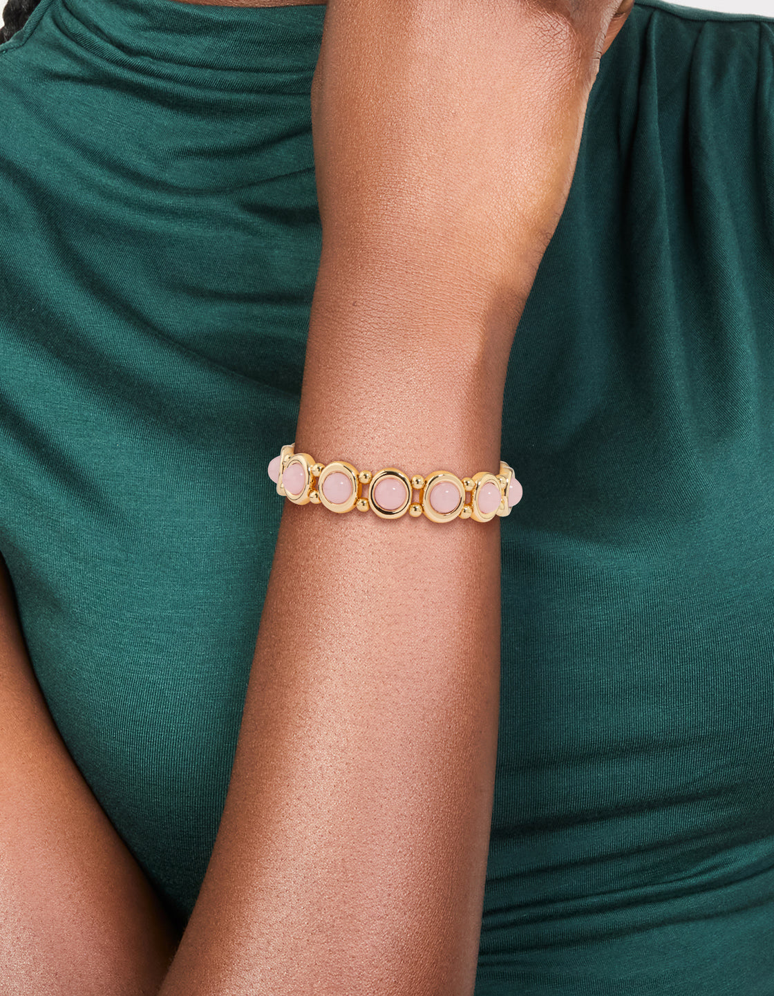 Gold Pink Beaded Organic Shaped Stretch Bracelet