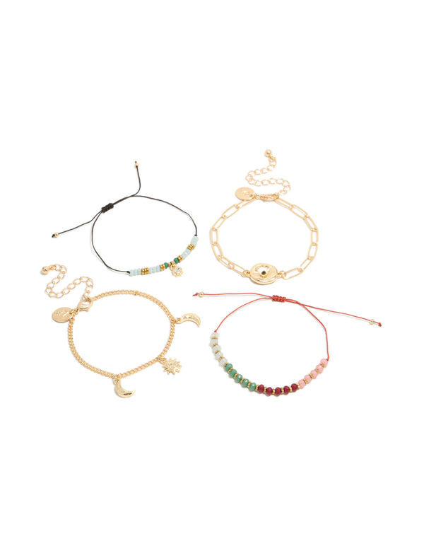 Showcase four gold celestial beaded bracelets featuring star sun moon cord in teal coral black front view