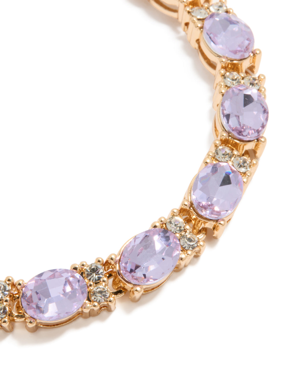 Designed with statement gold bracelet featuring purple diamantes, thistle shades and clear stone close up view
