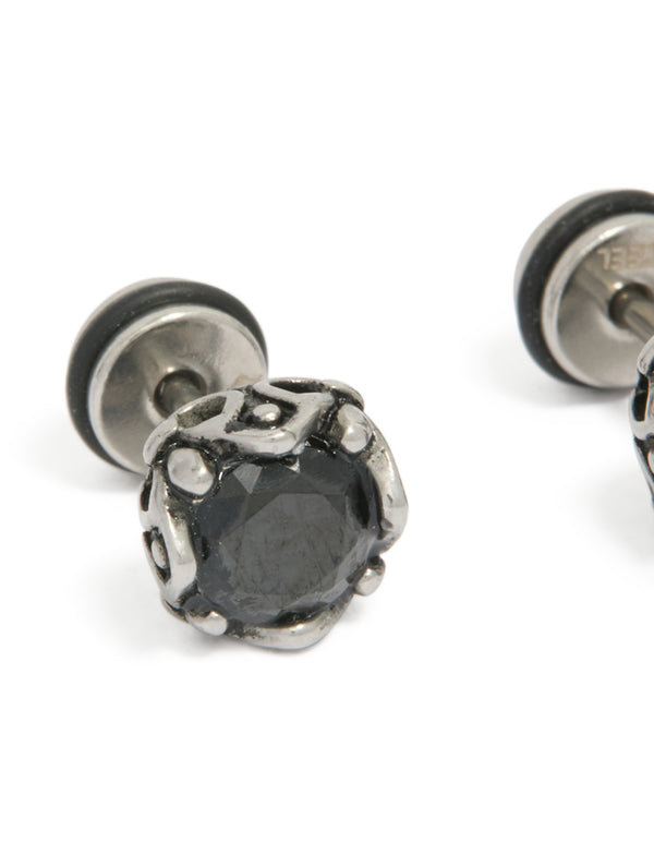 Designed with waterproof stainless steel, these mens black cubic zirconia flat back stud earrings highlight close up view