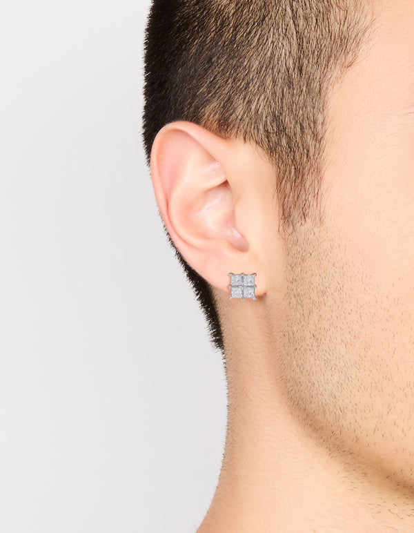 Mens waterproof stainless steel multi square cubic zirconia stud earrings in silver on ear view