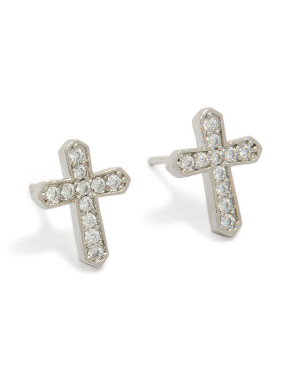 Showcasing mens waterproof stainless steel cubic zirconia cross detail stud earrings crafted from silver and white materials with a front view
