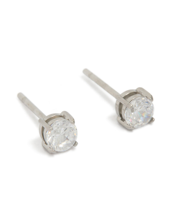 Showcasing mens waterproof stainless steel mini round clear cubic zirconia stud earrings in silver front view