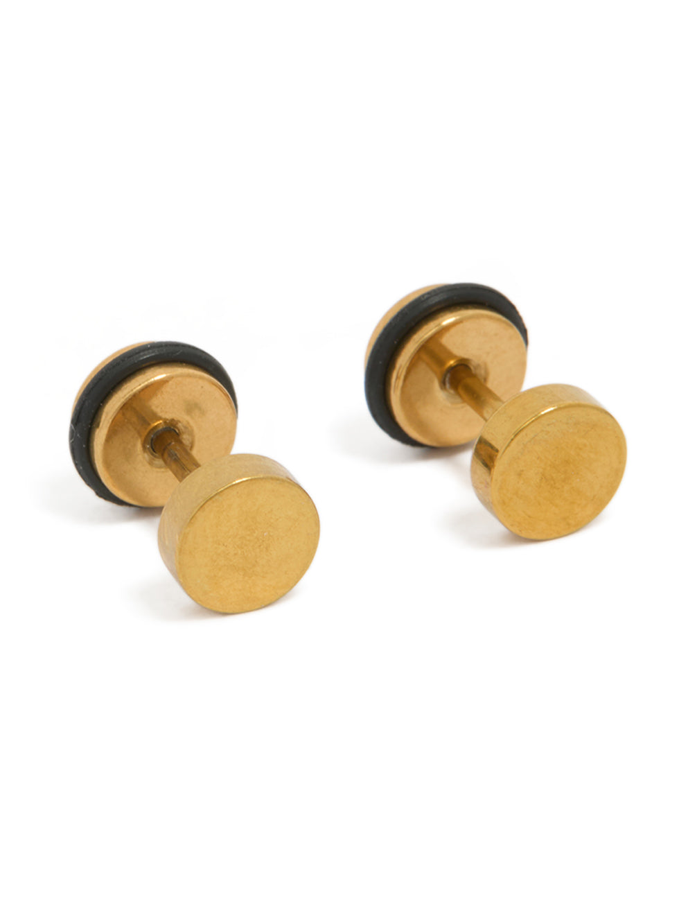Presenting mens waterproof gold plated stainless steel round flat back studs front view