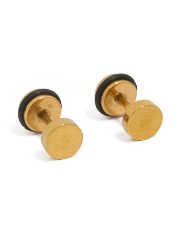 Presenting mens waterproof gold plated stainless steel round flat back studs front view