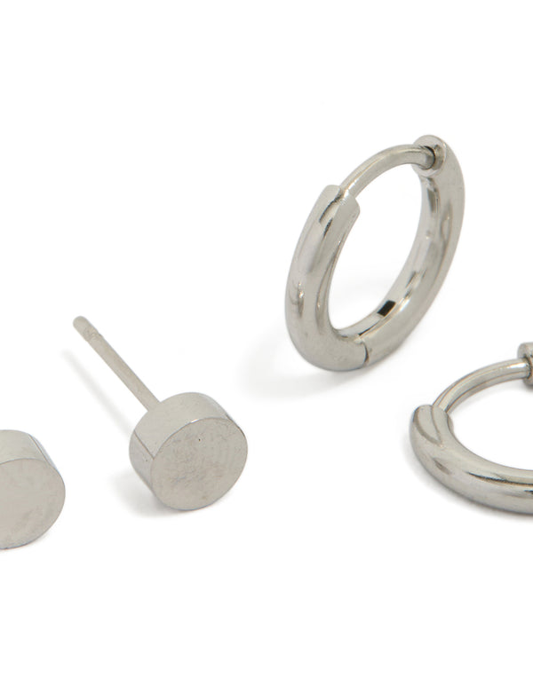 Crafted from waterproof stainless steel, men's flat stud and huggie earrings in a 2-pack with silver finish close up view