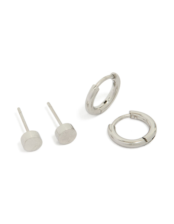 Showcasing waterproof men's stainless steel flat stud and huggie earrings in a 2-pack with silver finish front view