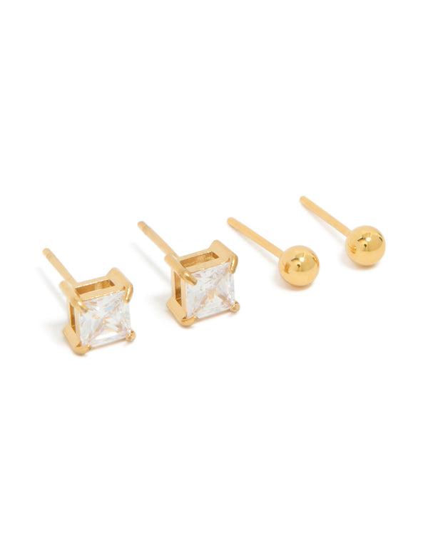 Showcase mens waterproof gold plated stainless steel square cubic zirconia and ball earrings pack with stud closure front view