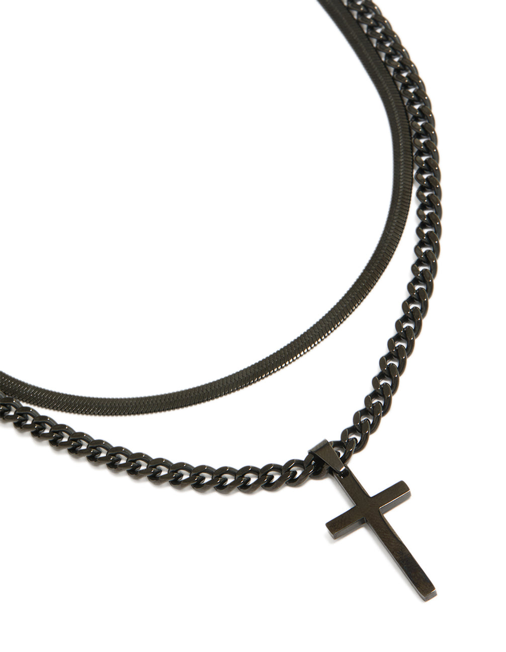 Showcasing mens waterproof black coated metal stainless steel cross and snake chain necklaces pack close up view