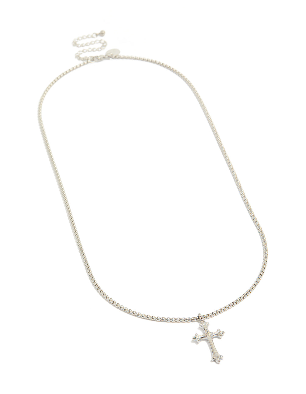 Crafted from waterproof stainless steel, mens gothic cross necklace with pendant in silver front view
