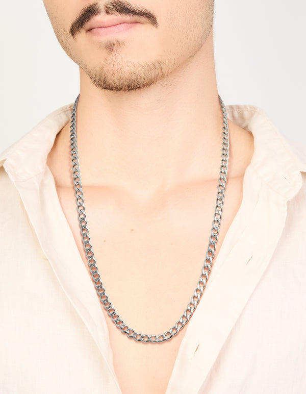 Presented as a mens waterproof stainless steel classic curb link necklace in silver on neck view