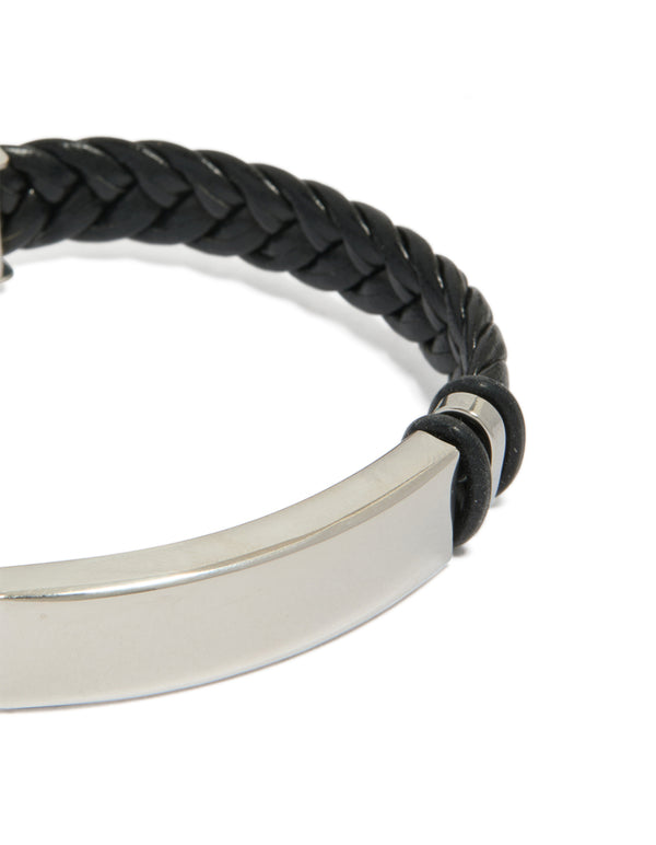 Displaying a mens waterproof bar bracelet in stainless steel with braided black PU leather band close up view