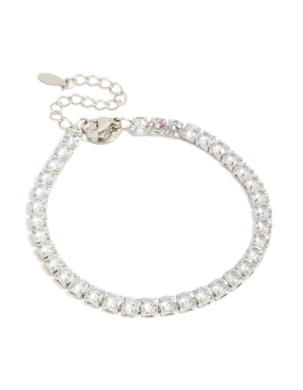 Showcasing a waterproof men's stainless steel tennis bracelet featuring large clear cubic zirconia stones in silver front view