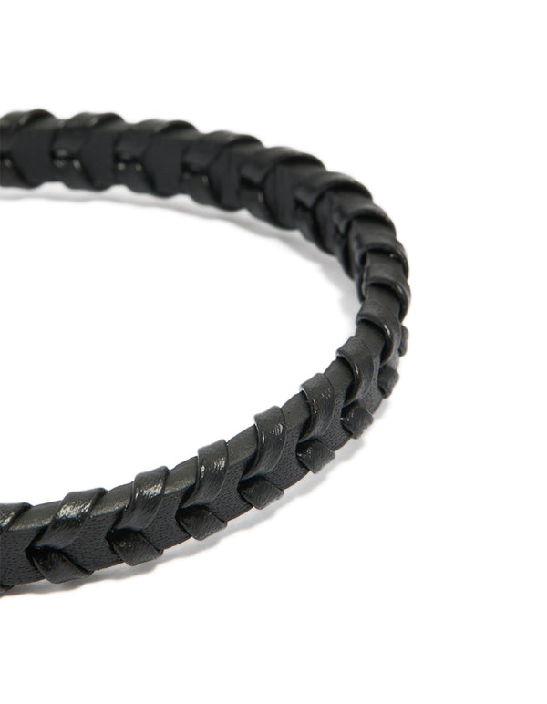 Highlighting the intricate braid pattern of a mens waterproof black coated stainless steel and PU leather bracelet close up view