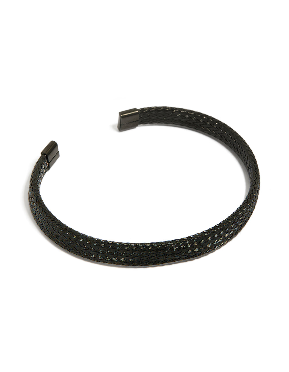 Showcasing a mens waterproof black coated stainless steel woven wrist cuff bracelet front view