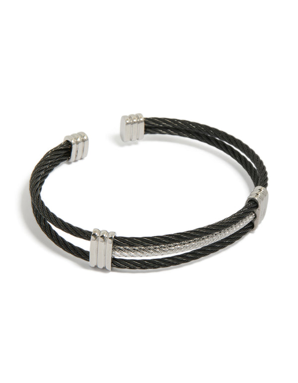Showcasing a mens waterproof stainless steel black and silver wire twisted wrist cuff bracelet front view