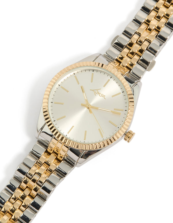 Featuring a men's mixed metal etched link classic watch with white dial, round shape, formal occasion, link band in multi-color, and analog type front view