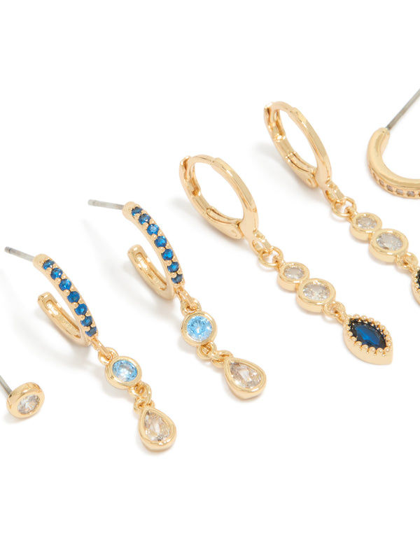 Gold Plated Bezel Dark Blue Cubic Zirconia Marquise Stacking Earrings 4-Pack