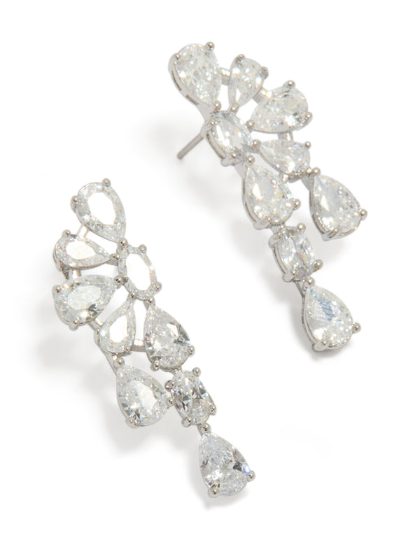 Stunning statement drop earrings featuring lovely floral design with cubic zirconia stones in pear cut and silver tone front view