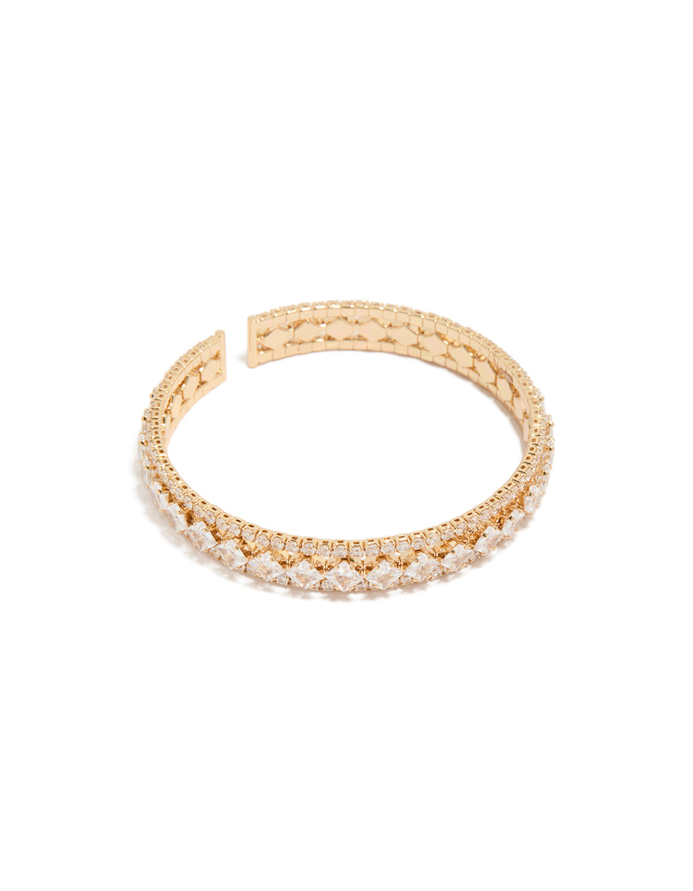 Showcasing a gold cubic zirconia circle statement cuff bracelet front view