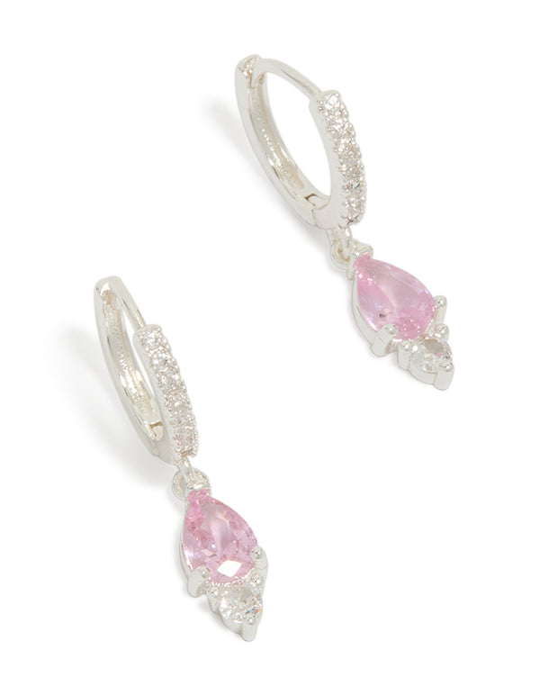 Silver Plated Cubic Zirconia Pink Huggie Drop Earrings