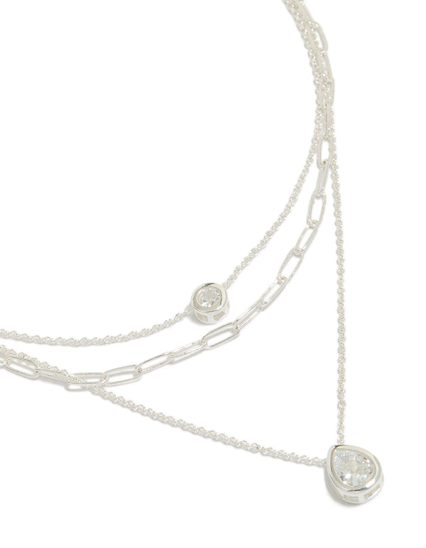 Silver Plated Cubic Zirconia Bezel Chain Layered Necklace