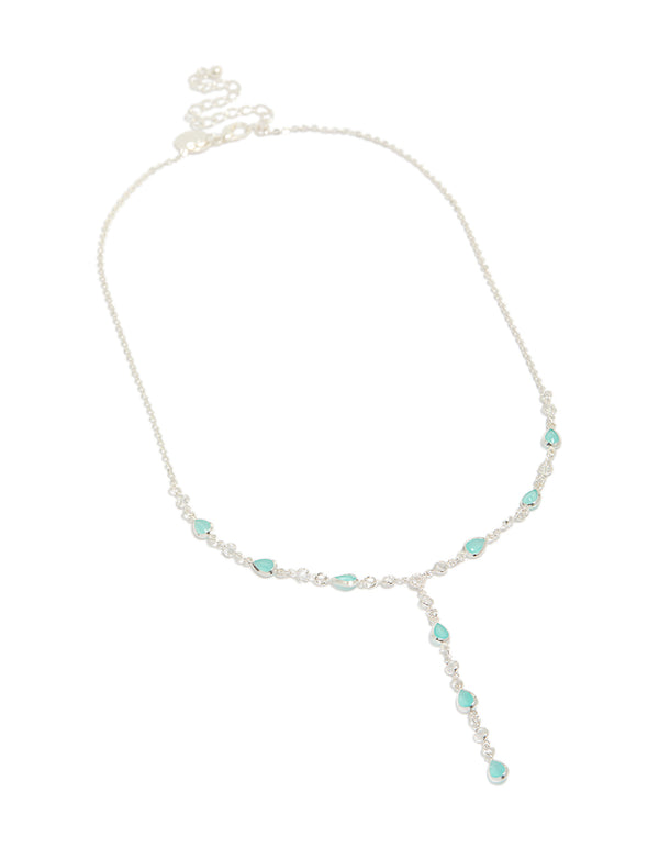 Silver Plated Cubic Zirconia Blue Alternating Oval Y-Necklace