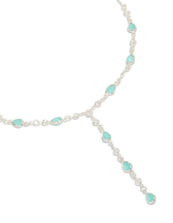 Silver Plated Cubic Zirconia Blue Alternating Oval Y-Necklace