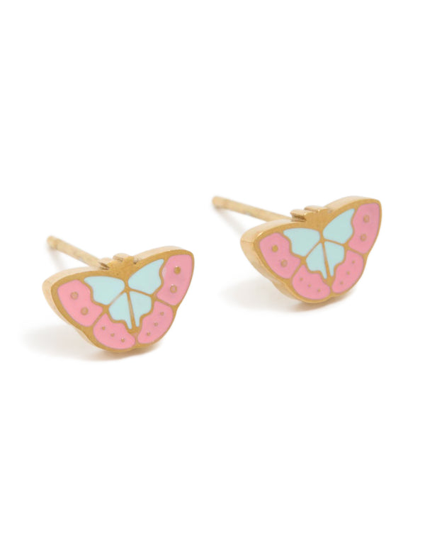 Showcasing waterproof butterfly stud earrings crafted from gold plated stainless steel with multicoloured enamel in light pink, powder blue front view