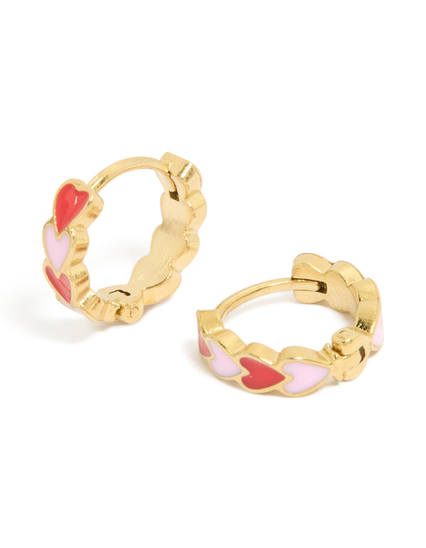 Showcasing waterproof gold plated stainless steel red and pink enamel heart huggie earrings in coral and gold front view