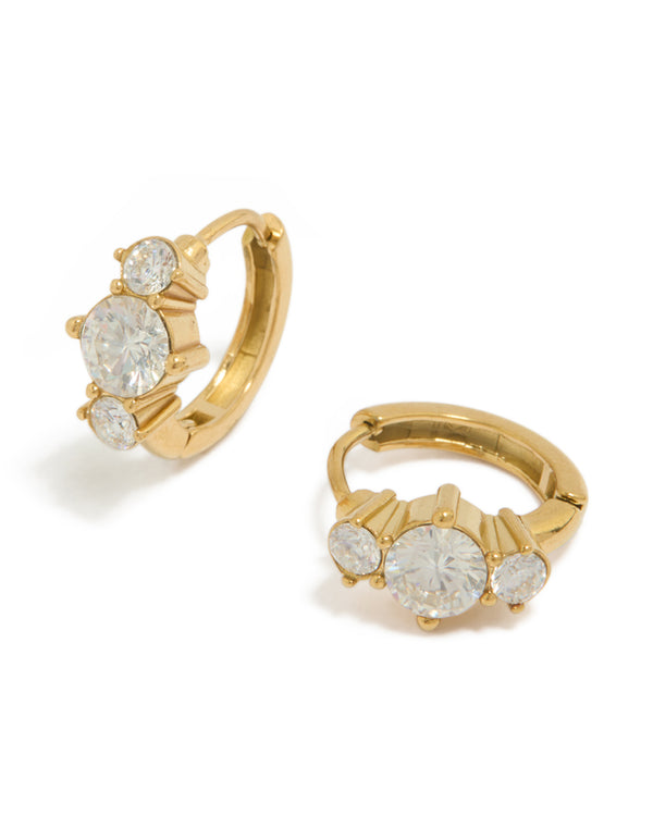 Showcasing dainty trio mini huggie earrings crafted from waterproof gold plated stainless steel with cubic zirconia front view