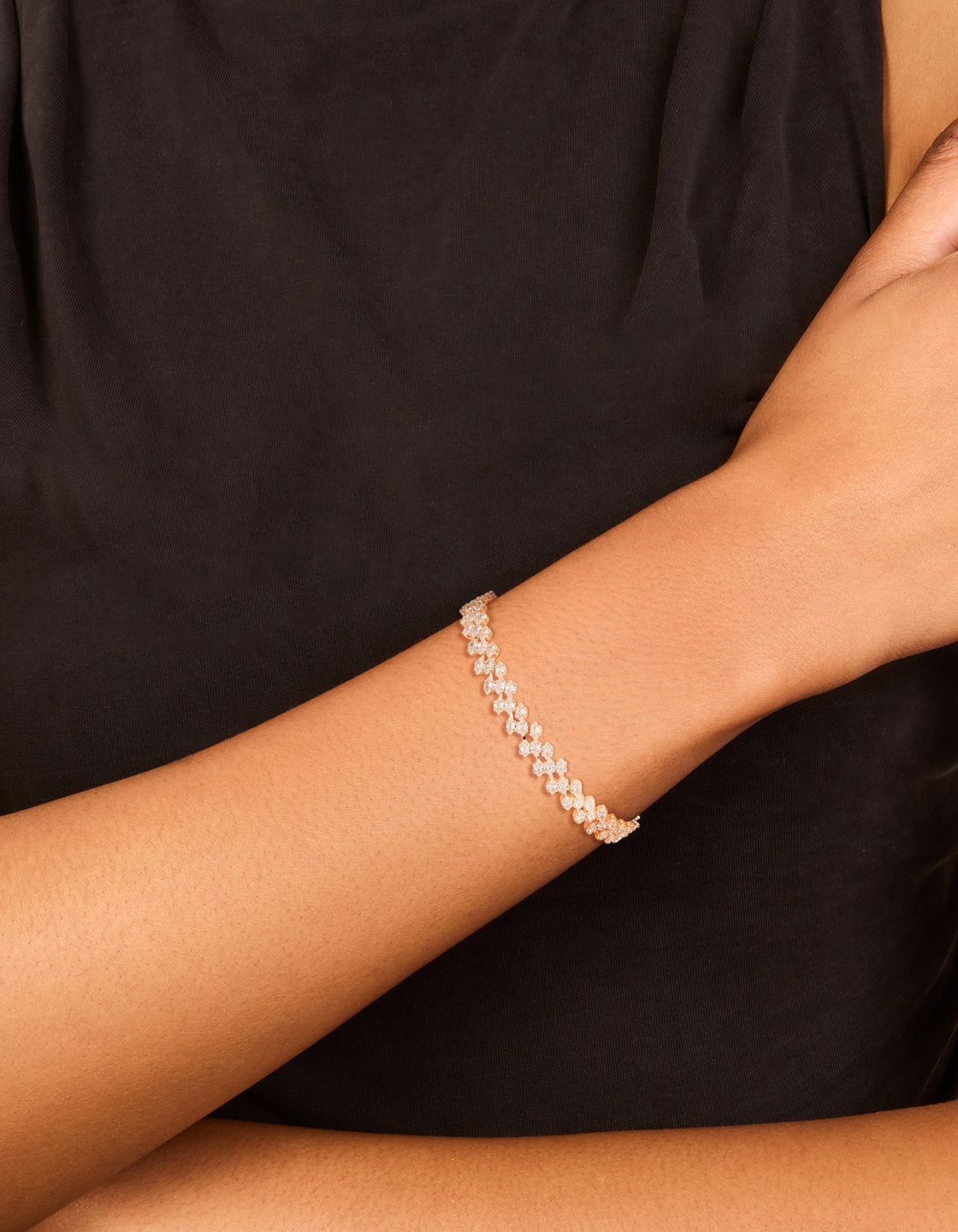 Elegant rose gold plated marquise cubic zirconia bracelet on wrist view