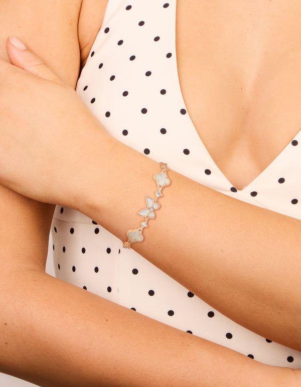 Rose Gold Plated Cubic Zirconia Alternating Flower & Butterfly Toggle Bracelet