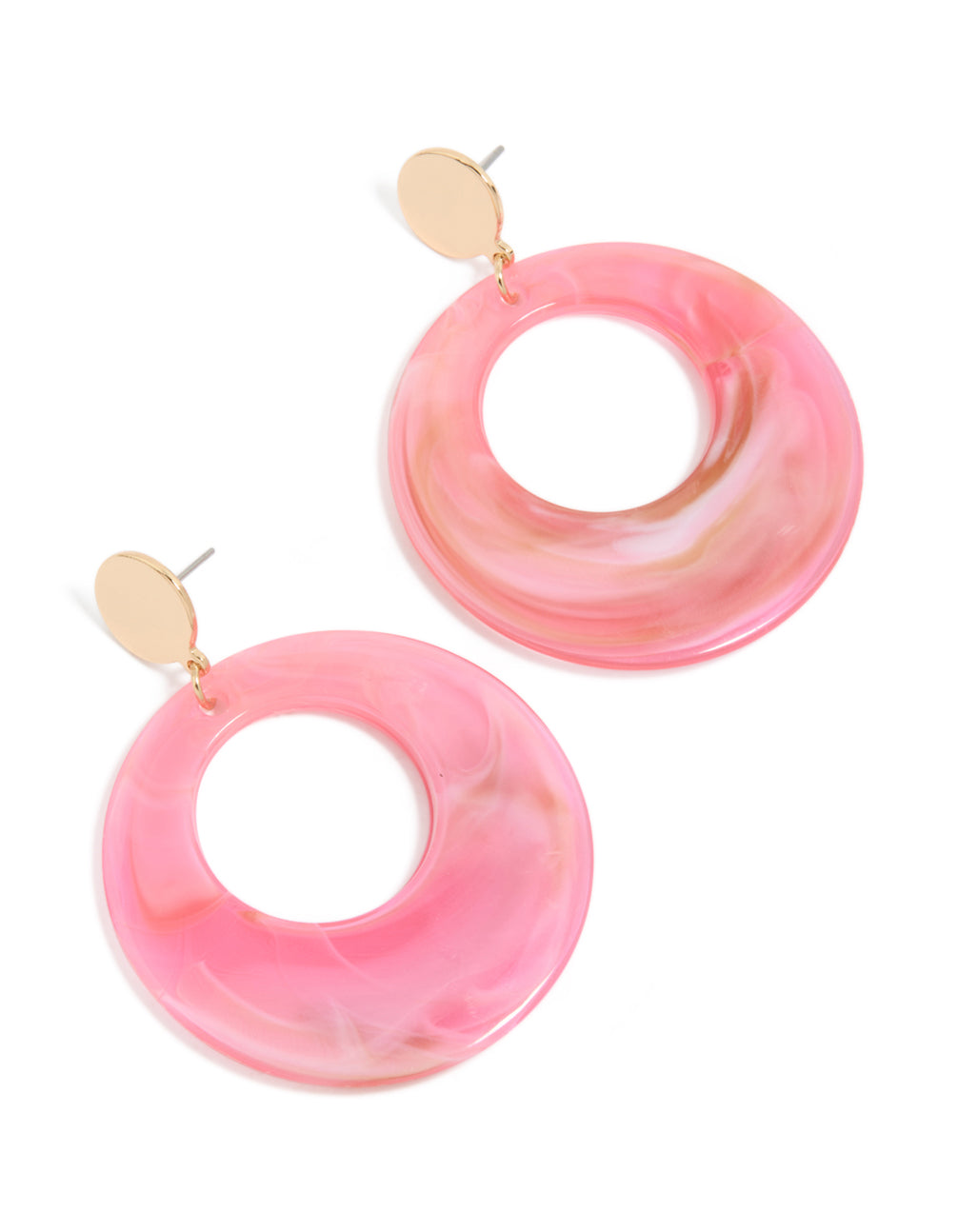 Showcasing chunky drop earrings with marble pattern in pink and gold circle design front view