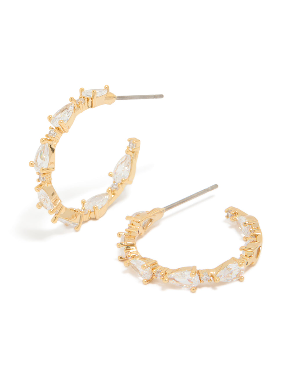 Stunning medium open hoop earrings featuring teardrop cubic zirconia stones in gold plated finish front view