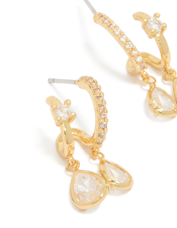 Elegant gold plated cubic zirconia double drop open hoop stud earrings close up view