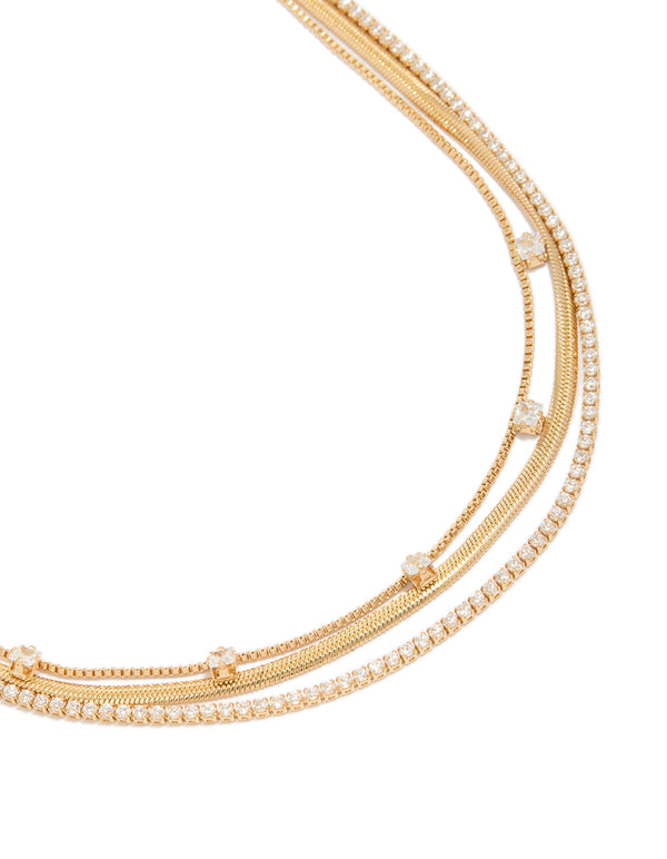 Beautifully crafted gold plated cubic zirconia tennis snake chain triple layered necklace close up view