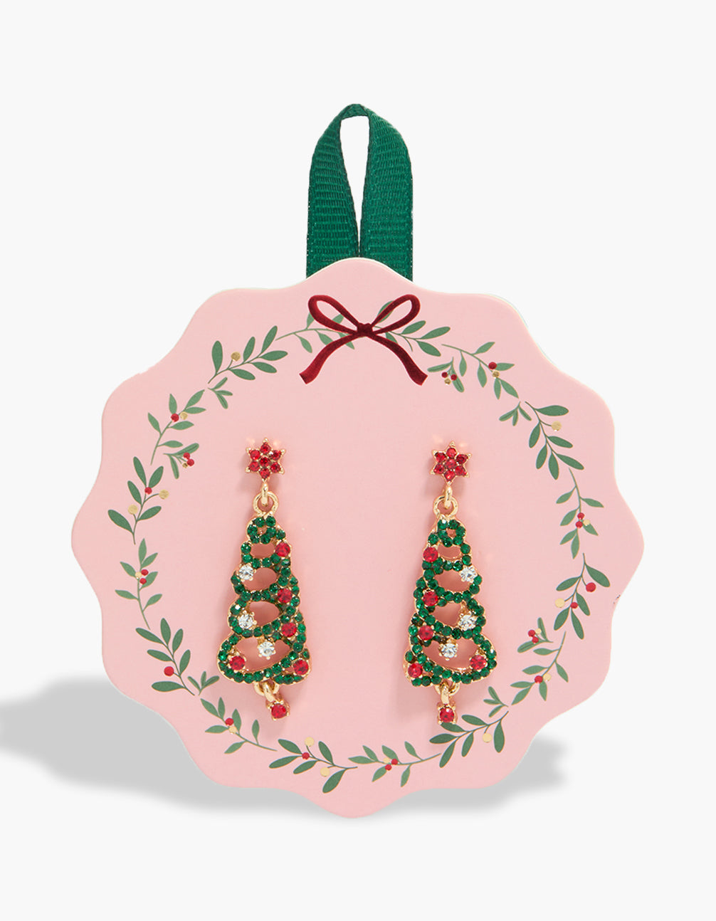 Showcasing gold red and green diamante swirled festive tree earrings with star feature and clear accents front view