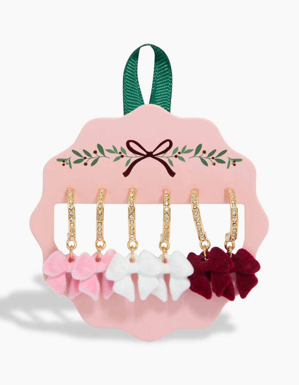 Featuring gold flocked bow earrings in a 3-pack with pink, white, and maroon accents front view