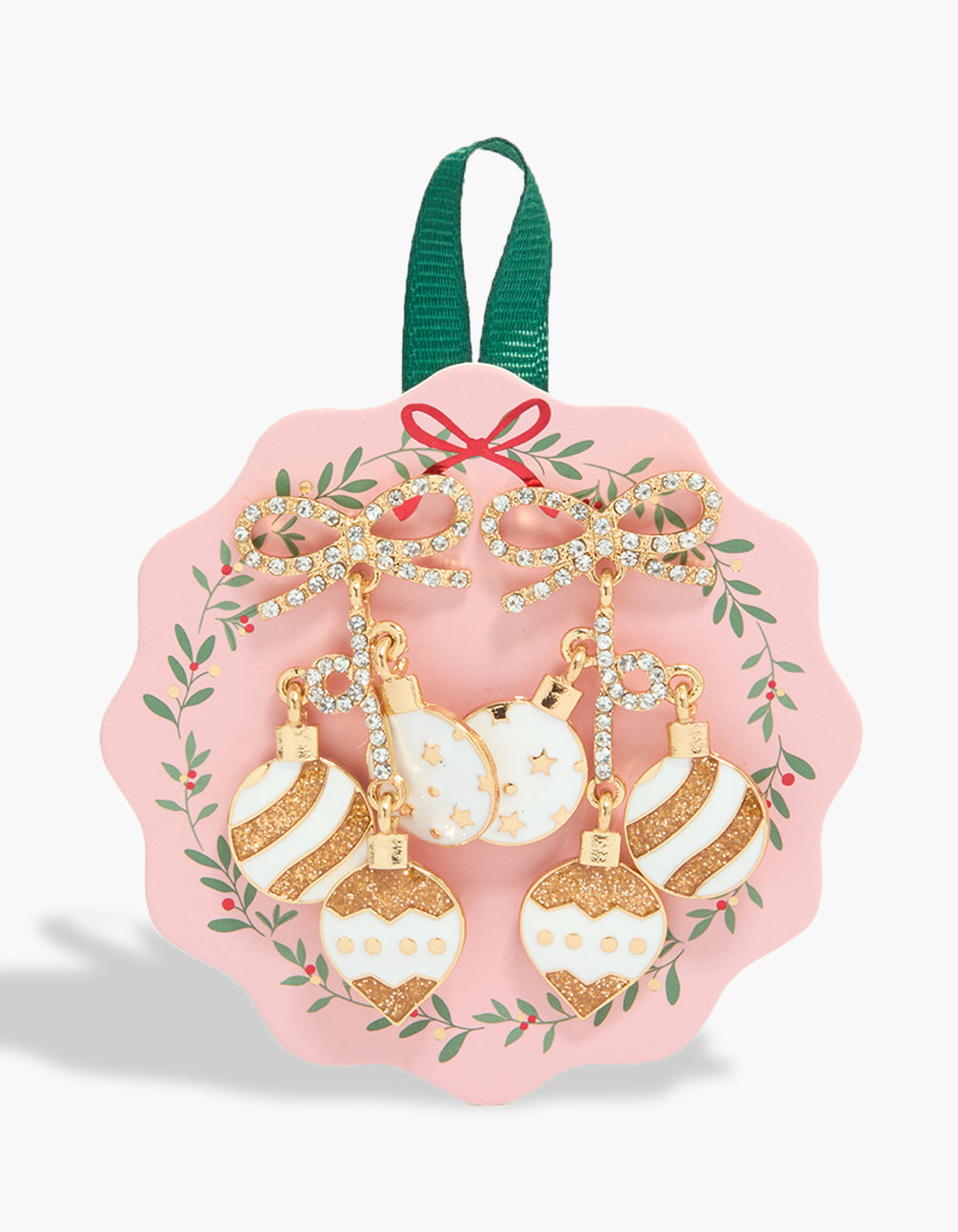 Presenting statement chunky gold diamante bow and bauble earrings featuring charm with glitter in striped pattern front view