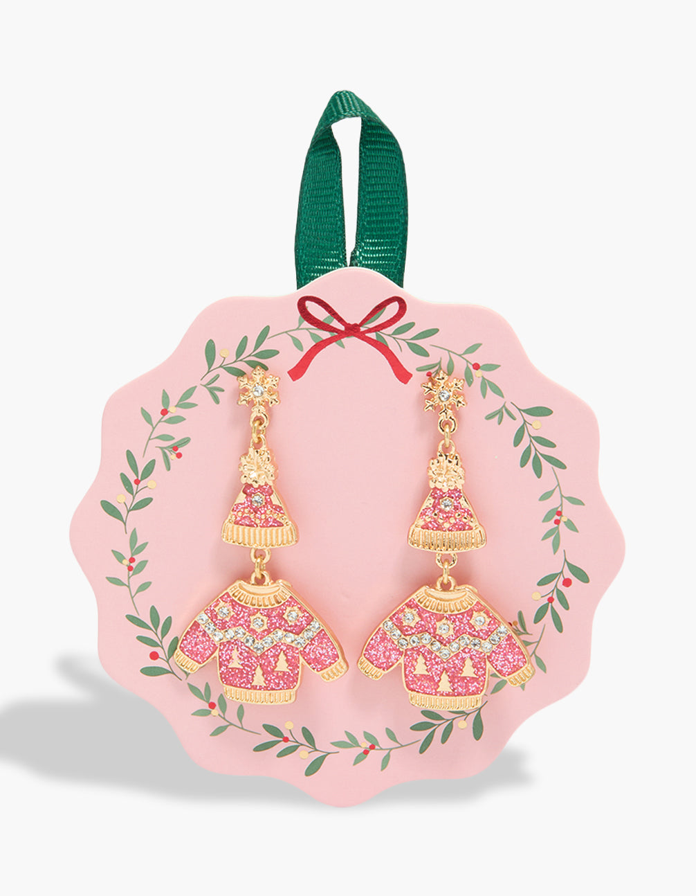 Beautifully designed gold pink sweater and beanie earrings featuring glitter and snowflakes details in hot pink front view