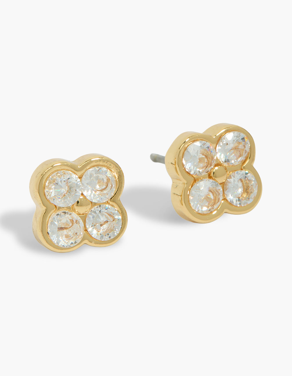 Elegant gold plated diamante flower stud earrings featuring floral design close up view