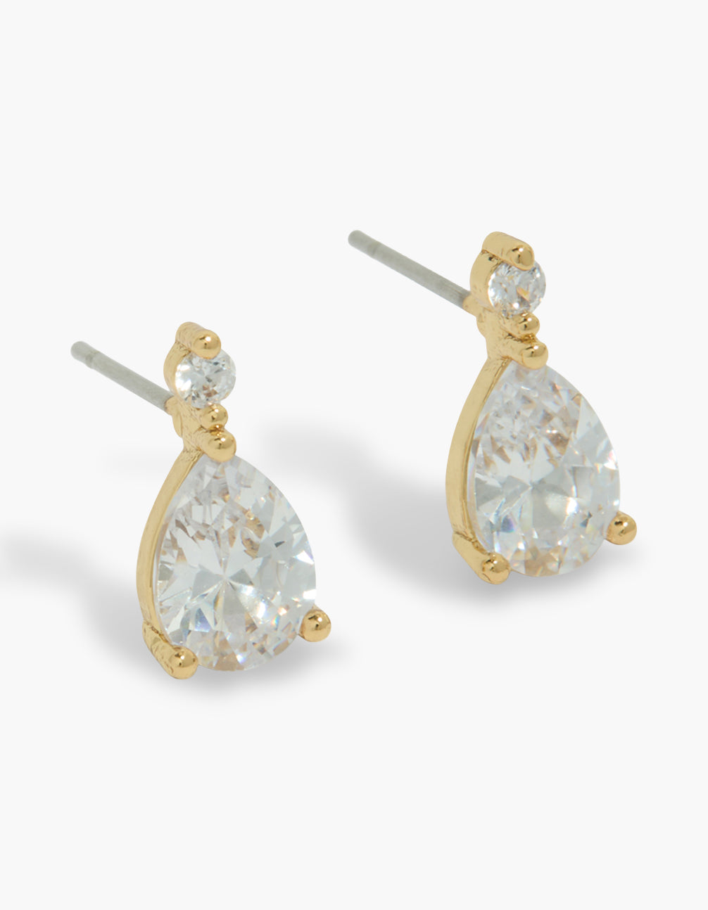 Elegant gold plated double diamante teardrop earrings with white stones detail view