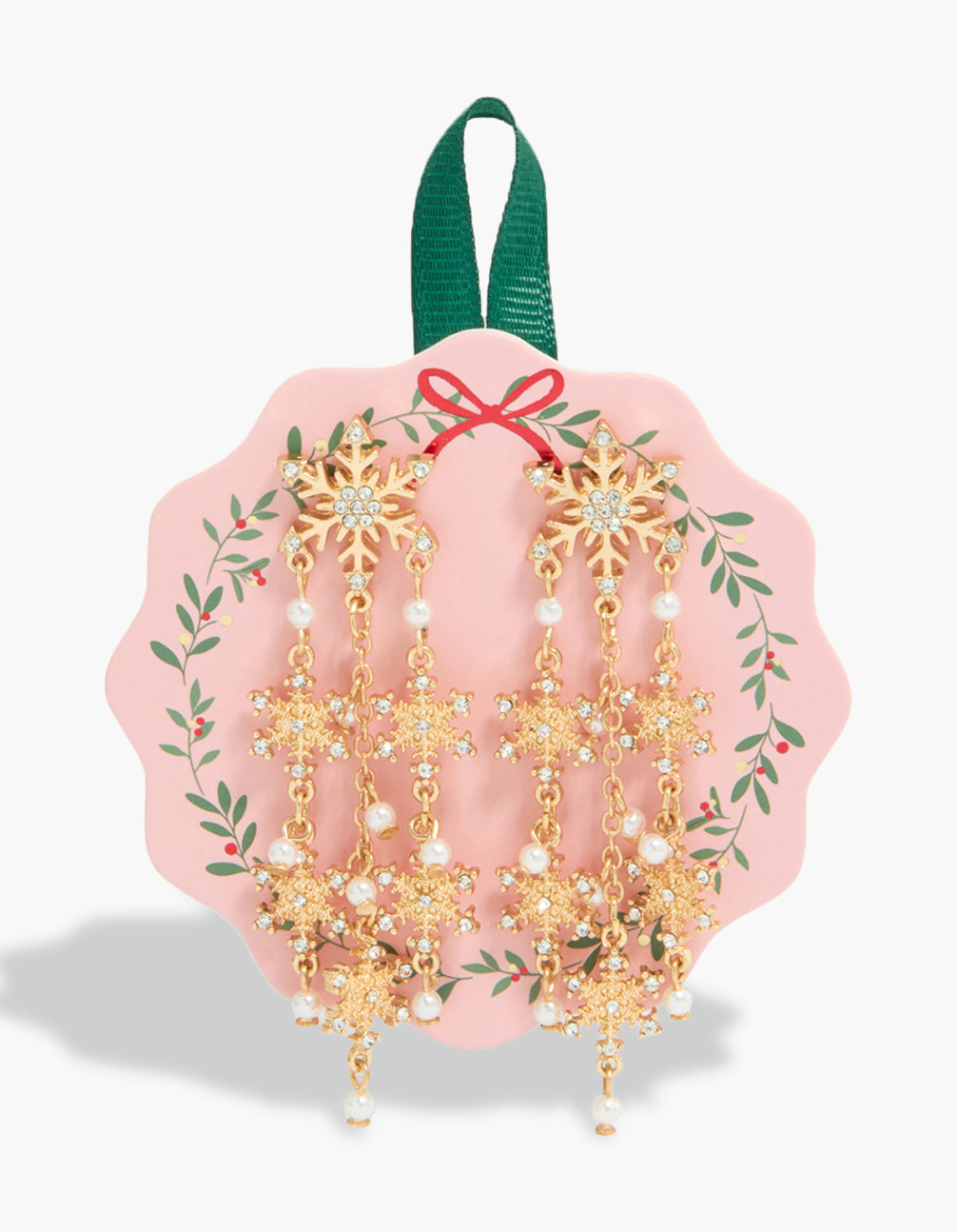 Showcasing gold diamante snowflakes drop earrings featuring charm elements with pearl accents and stud closure in statement style front view