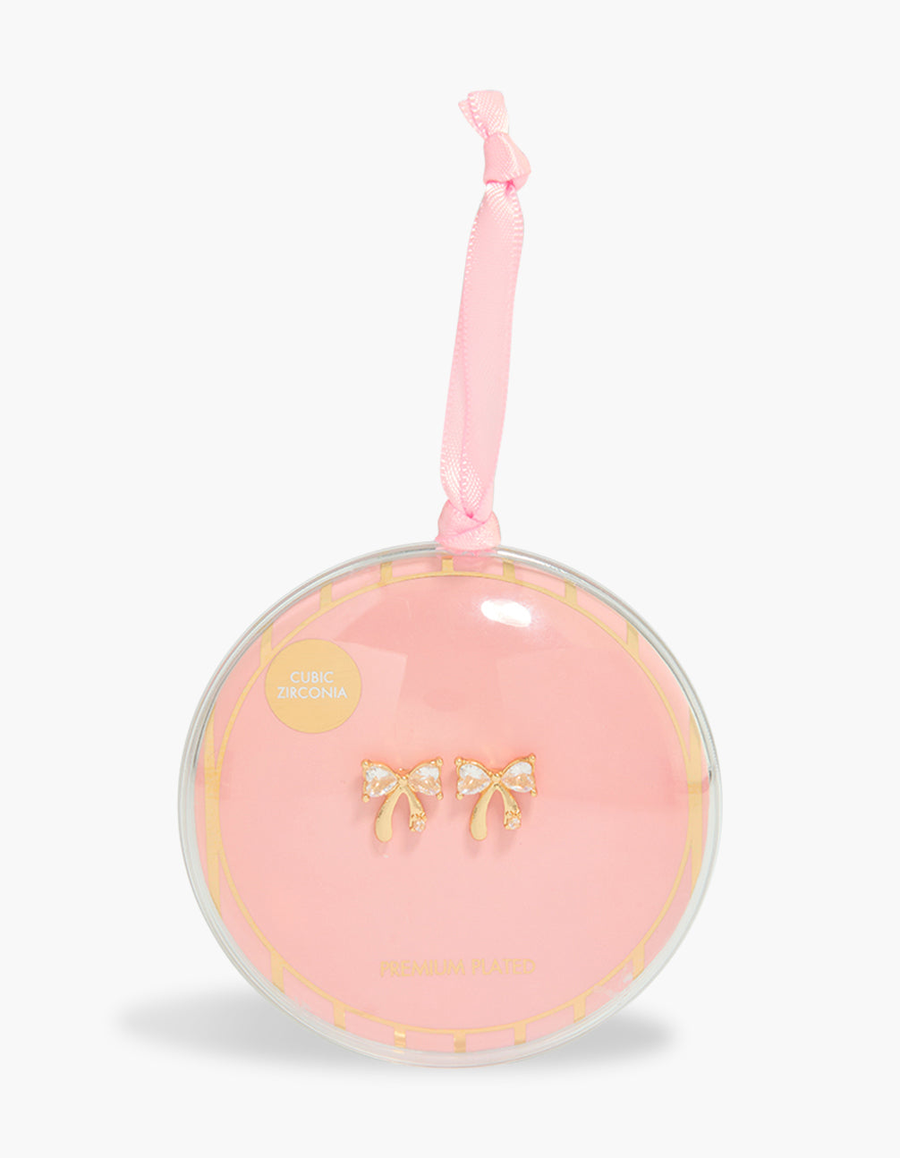 Featuring gold plated diamante bow earrings with stud closure in light pink front view