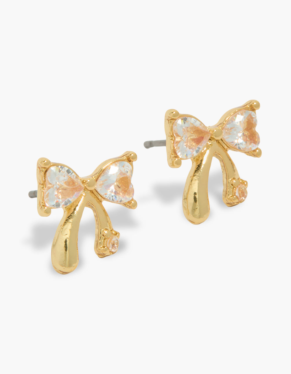 Showcasing gold plated diamante bow earrings with stud closure in light pink close up view