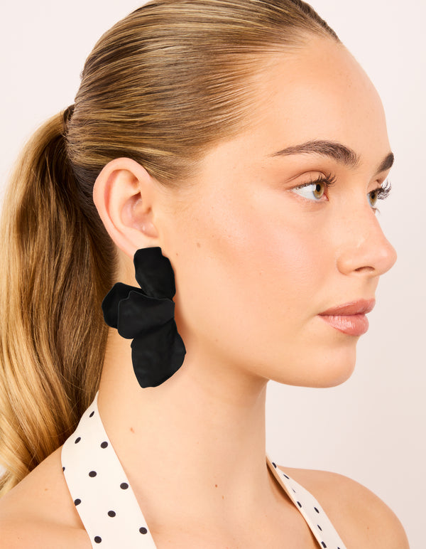 Black Coated Metal Half Flower Petal Drop Earrings