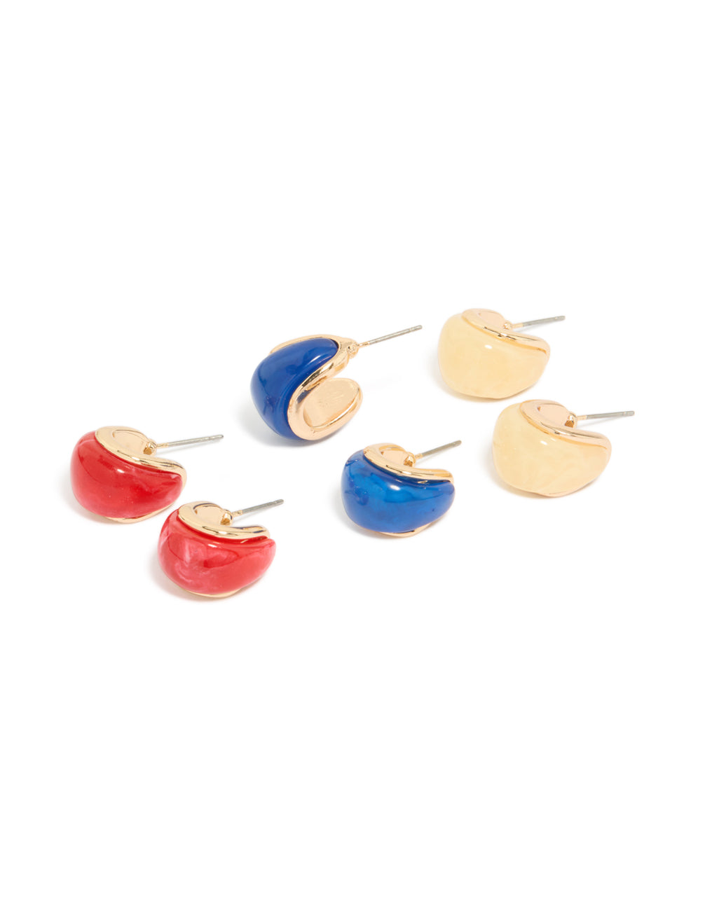 Showcasing a 3-pack of hoop earrings with acrylic bubble design in gold, red, and blue front view
